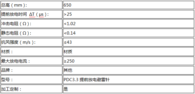 PDC3.3提前放電避雷針技術(shù)參數(shù)表